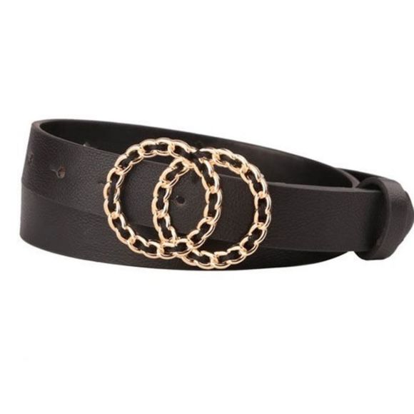 Black faux leather elegant double chunky chain link ring Gold buckle waist belt - Picture 5 of 12